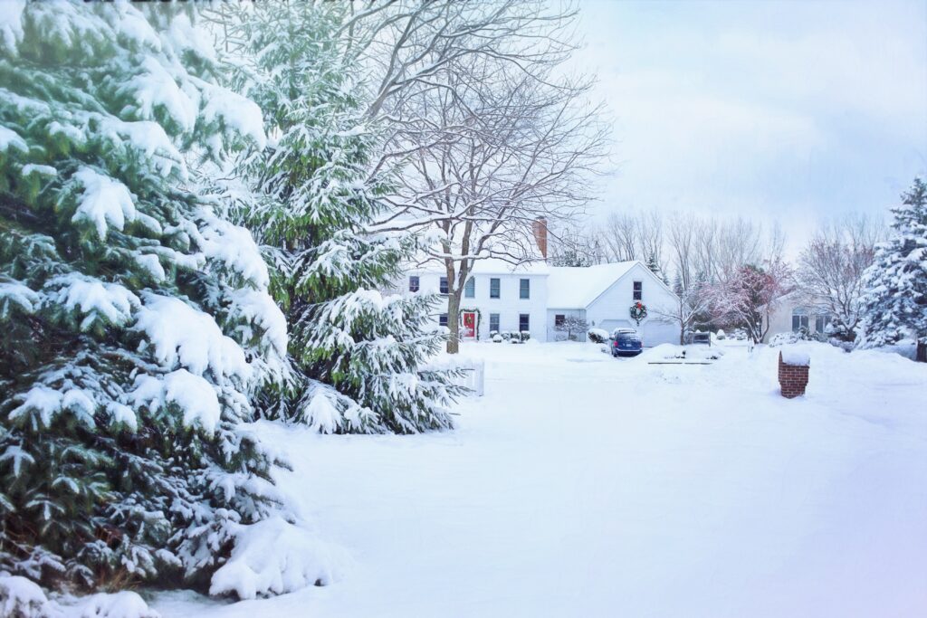 House for sale in the winter snow